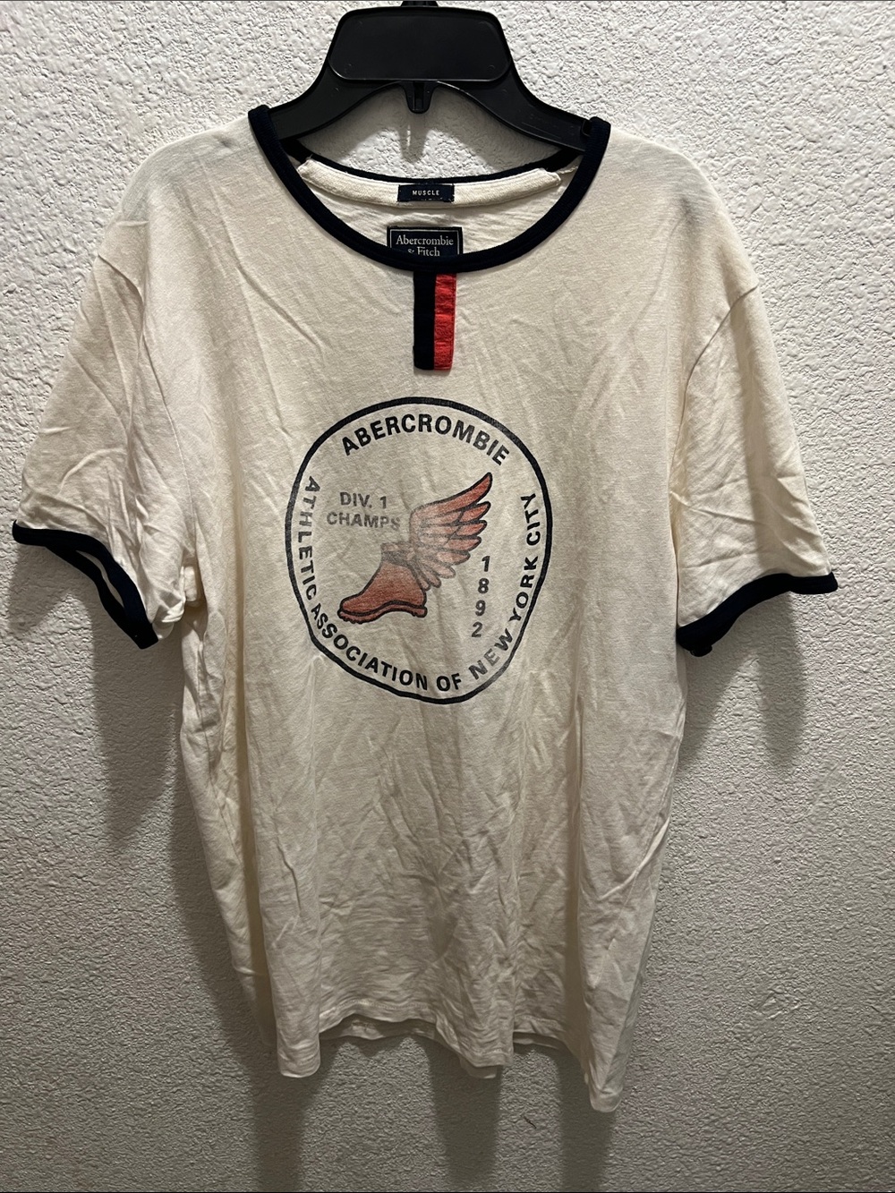 Abercrombie & Fitch Cream Short-Sleeve Ringer Tee with Black Trim and Red Tab